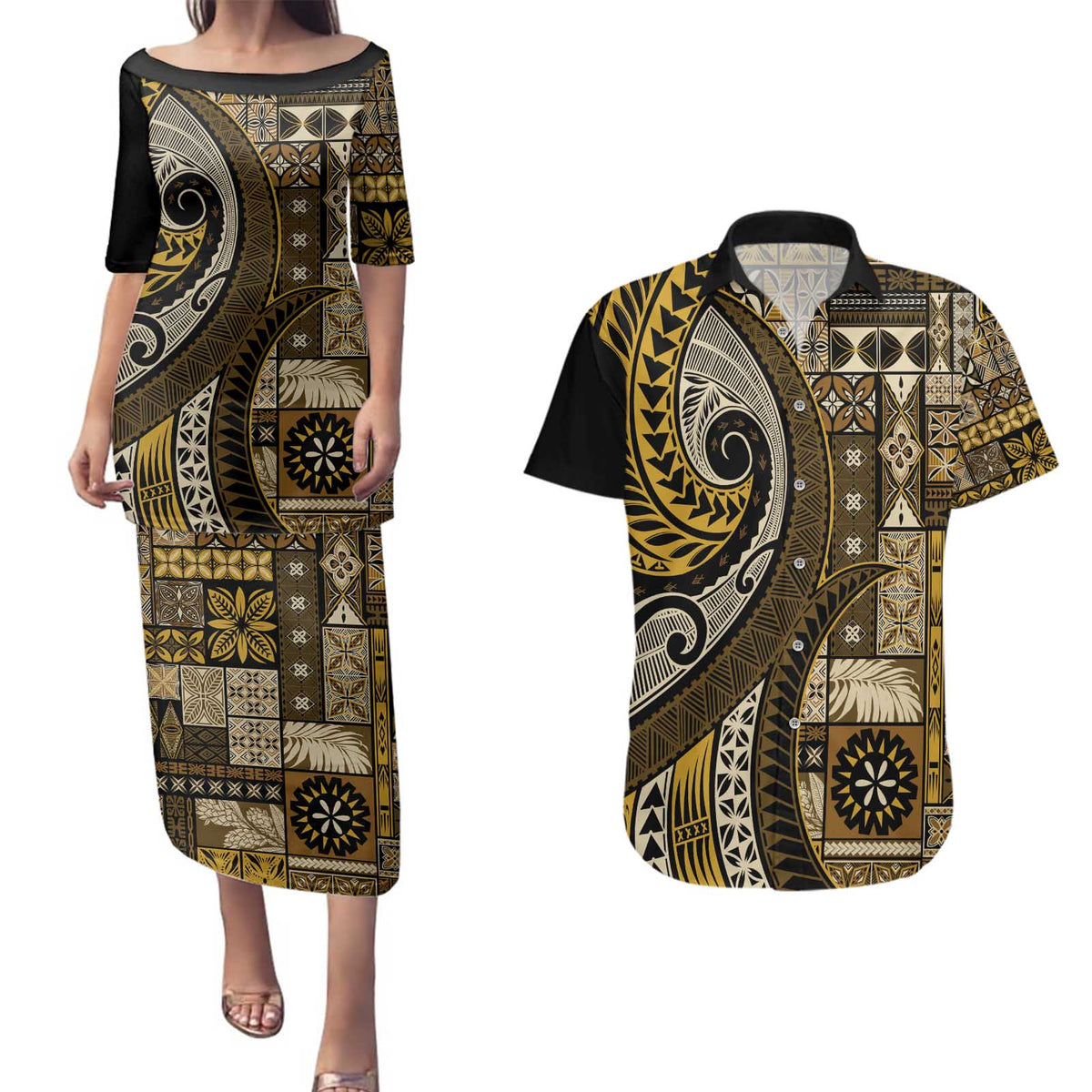Vintage Samoa Siapo Mamanu Couples Matching Puletasi and Hawaiian Shirt Gold Samoan Tapa Motif LT9 Gold - Polynesian Pride