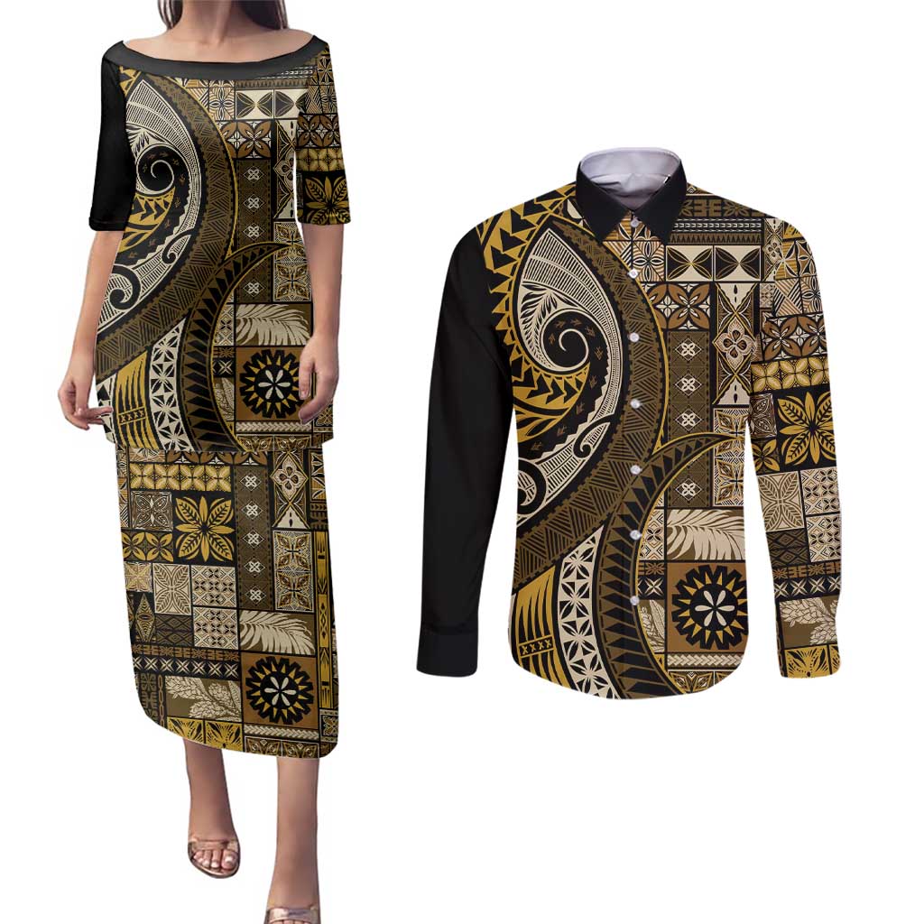 Vintage Samoa Siapo Mamanu Couples Matching Puletasi and Long Sleeve Button Shirt Gold Samoan Tapa Motif LT9 Gold - Polynesian Pride