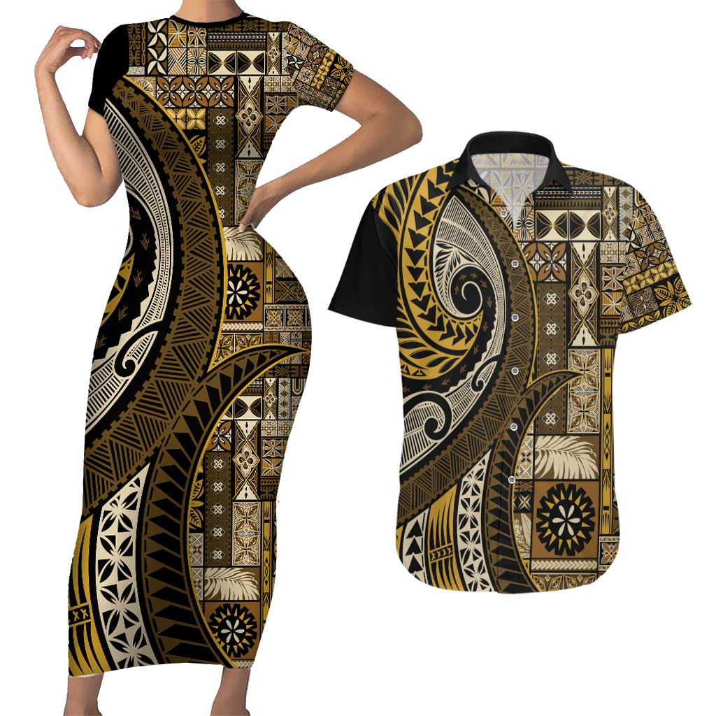 Vintage Samoa Siapo Mamanu Couples Matching Short Sleeve Bodycon Dress and Hawaiian Shirt Gold Samoan Tapa Motif LT9 Gold - Polynesian Pride