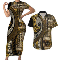 Vintage Samoa Siapo Mamanu Couples Matching Short Sleeve Bodycon Dress and Hawaiian Shirt Gold Samoan Tapa Motif LT9 Gold - Polynesian Pride