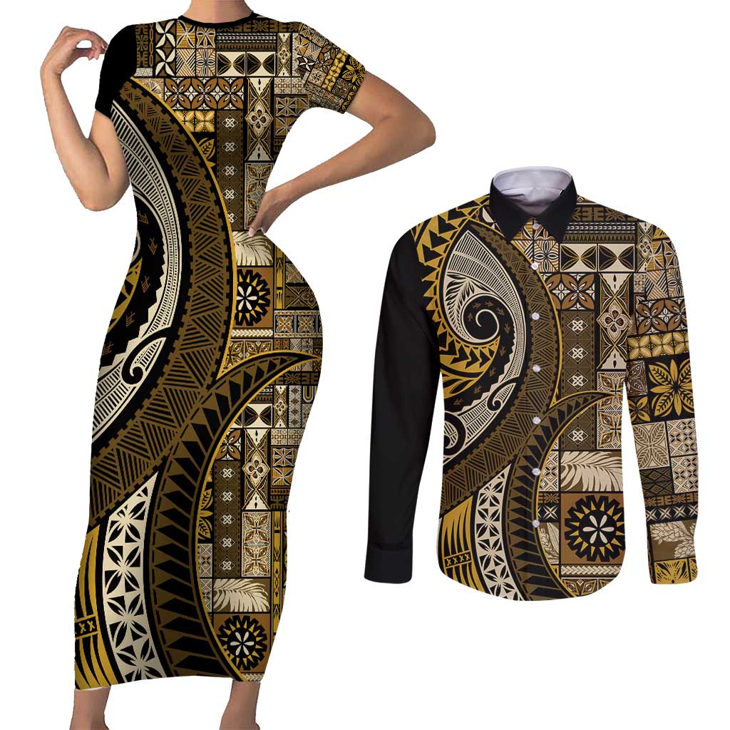 Vintage Samoa Siapo Mamanu Couples Matching Short Sleeve Bodycon Dress and Long Sleeve Button Shirt Gold Samoan Tapa Motif LT9 Gold - Polynesian Pride