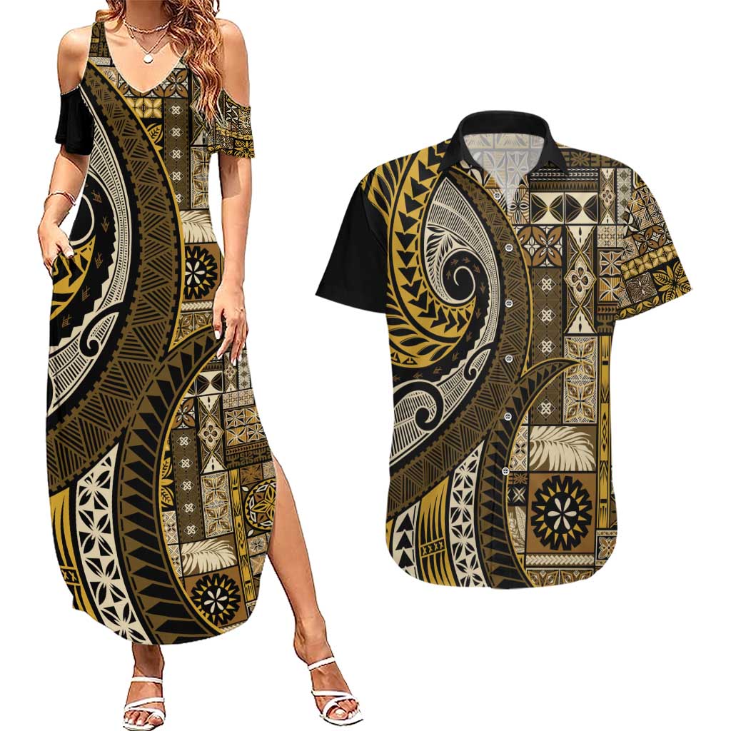 Vintage Samoa Siapo Mamanu Couples Matching Summer Maxi Dress and Hawaiian Shirt Gold Samoan Tapa Motif LT9 Gold - Polynesian Pride