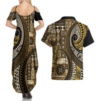Vintage Samoa Siapo Mamanu Couples Matching Summer Maxi Dress and Hawaiian Shirt Gold Samoan Tapa Motif LT9 - Polynesian Pride