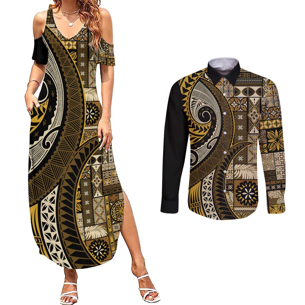 Vintage Samoa Siapo Mamanu Couples Matching Summer Maxi Dress and Long Sleeve Button Shirt Gold Samoan Tapa Motif LT9 Gold - Polynesian Pride