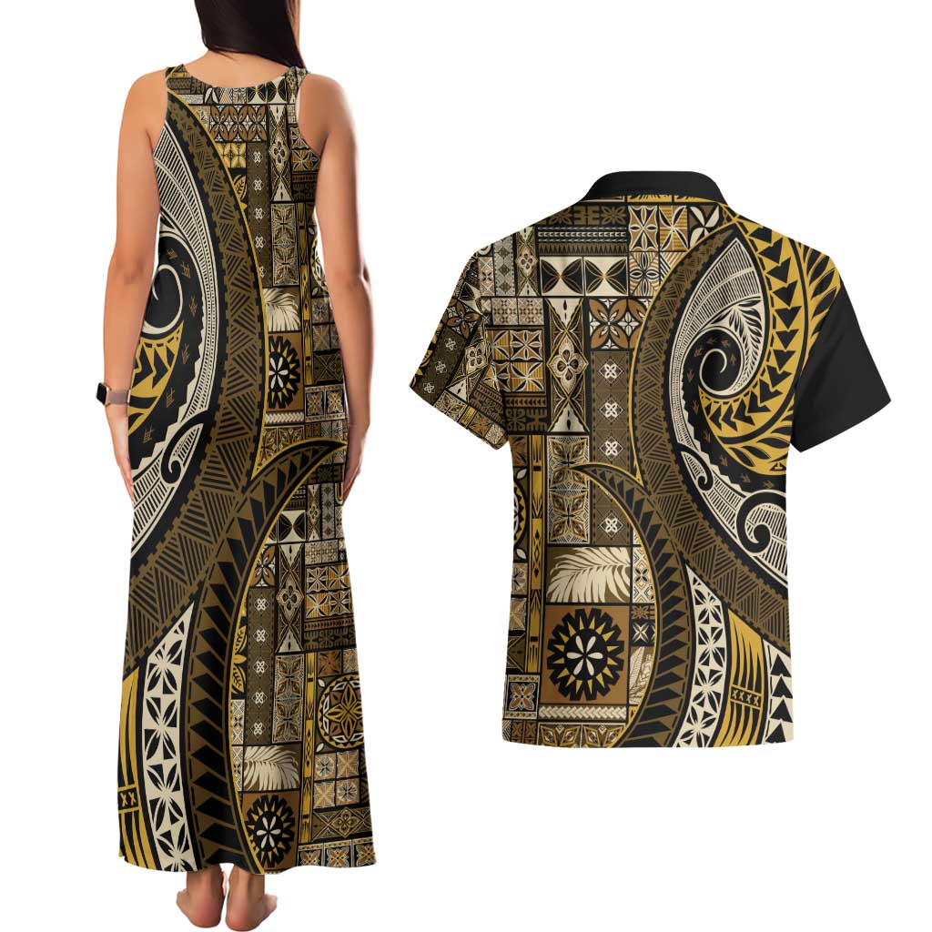 Vintage Samoa Siapo Mamanu Couples Matching Tank Maxi Dress and Hawaiian Shirt Gold Samoan Tapa Motif LT9 - Polynesian Pride