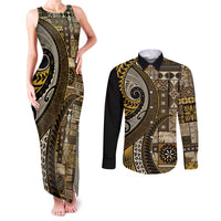 Vintage Samoa Siapo Mamanu Couples Matching Tank Maxi Dress and Long Sleeve Button Shirt Gold Samoan Tapa Motif LT9 Gold - Polynesian Pride