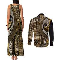 Vintage Samoa Siapo Mamanu Couples Matching Tank Maxi Dress and Long Sleeve Button Shirt Gold Samoan Tapa Motif LT9 - Polynesian Pride