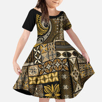 Vintage Samoa Siapo Mamanu Family Matching Long Sleeve Bodycon Dress and Hawaiian Shirt Gold Samoan Tapa Motif LT9 Daughter's Dress Gold - Polynesian Pride