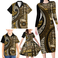 Vintage Samoa Siapo Mamanu Family Matching Long Sleeve Bodycon Dress and Hawaiian Shirt Gold Samoan Tapa Motif LT9 - Polynesian Pride