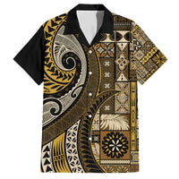 Vintage Samoa Siapo Mamanu Family Matching Long Sleeve Bodycon Dress and Hawaiian Shirt Gold Samoan Tapa Motif LT9 Dad's Shirt - Short Sleeve Gold - Polynesian Pride