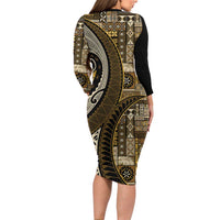 Vintage Samoa Siapo Mamanu Family Matching Long Sleeve Bodycon Dress and Hawaiian Shirt Gold Samoan Tapa Motif LT9 - Polynesian Pride
