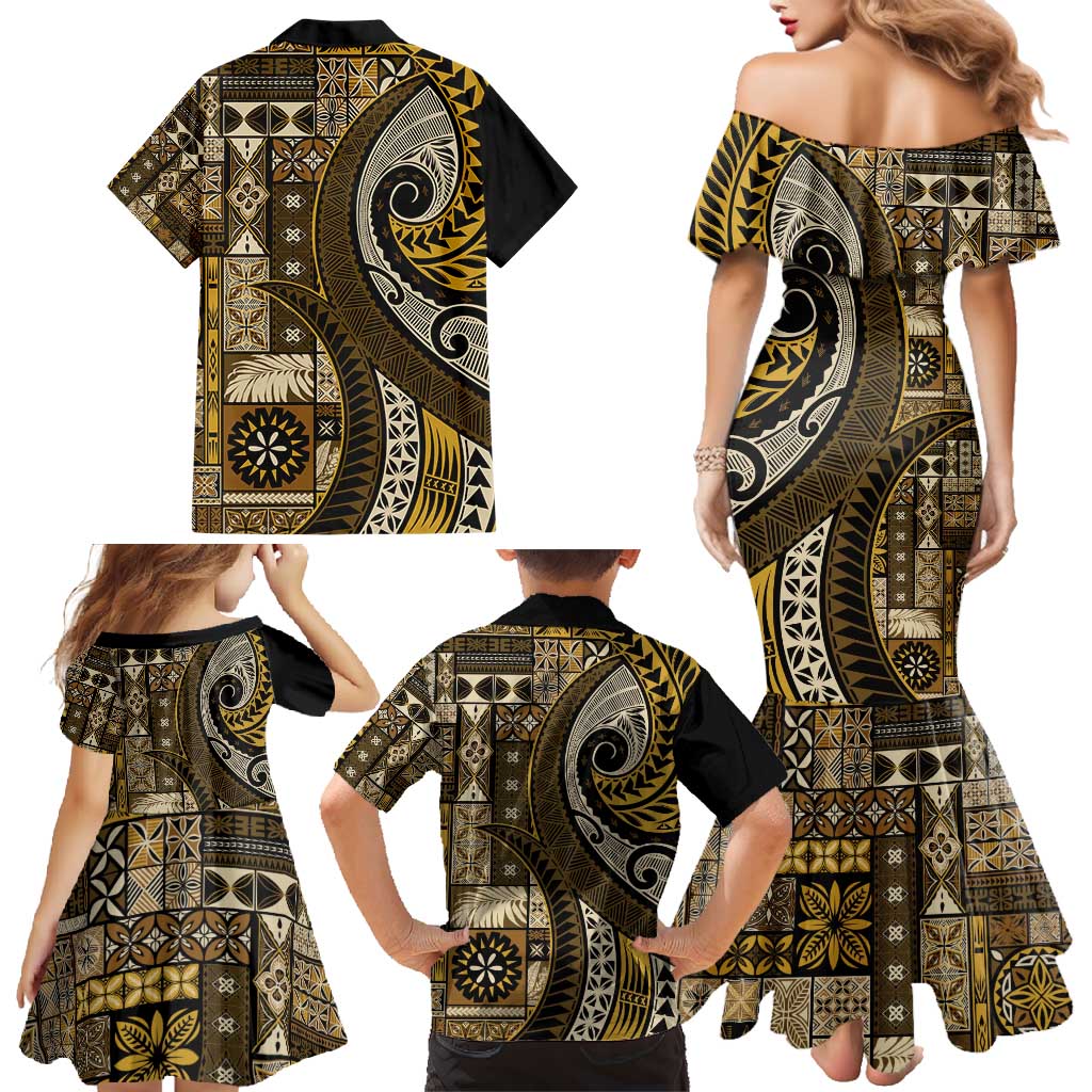 Vintage Samoa Siapo Mamanu Family Matching Mermaid Dress and Hawaiian Shirt Gold Samoan Tapa Motif LT9 - Polynesian Pride