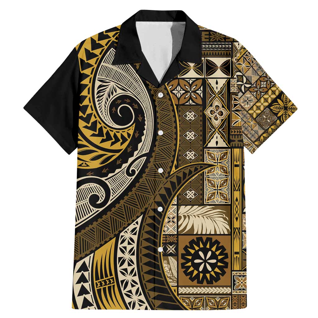 Vintage Samoa Siapo Mamanu Family Matching Mermaid Dress and Hawaiian Shirt Gold Samoan Tapa Motif LT9 Dad's Shirt - Short Sleeve Gold - Polynesian Pride
