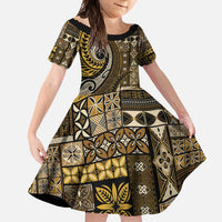 Vintage Samoa Siapo Mamanu Family Matching Off Shoulder Maxi Dress and Hawaiian Shirt Gold Samoan Tapa Motif LT9 Daughter's Dress Gold - Polynesian Pride