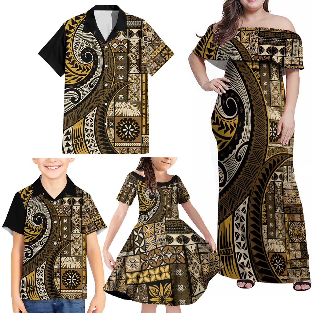 Vintage Samoa Siapo Mamanu Family Matching Off Shoulder Maxi Dress and Hawaiian Shirt Gold Samoan Tapa Motif - Polynesian Pride