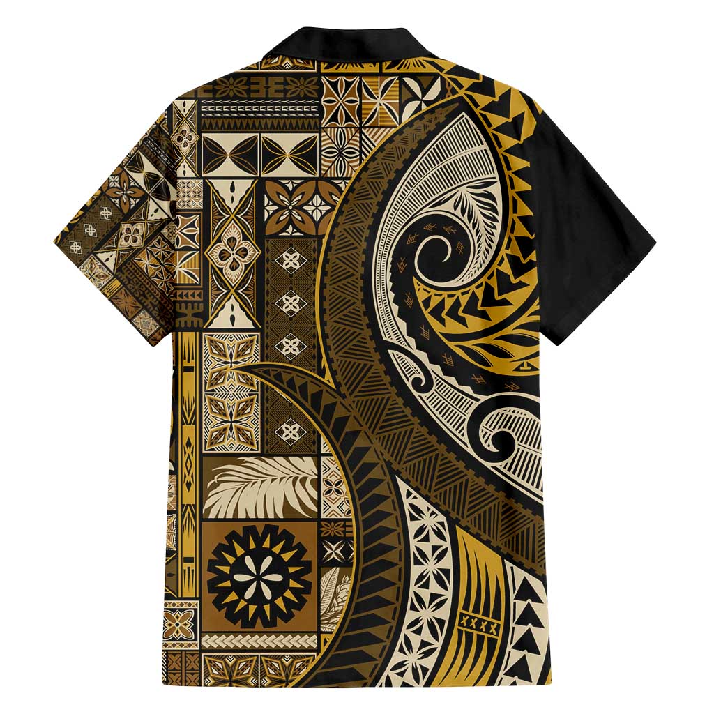 Vintage Samoa Siapo Mamanu Family Matching Off Shoulder Maxi Dress and Hawaiian Shirt Gold Samoan Tapa Motif LT9 - Polynesian Pride