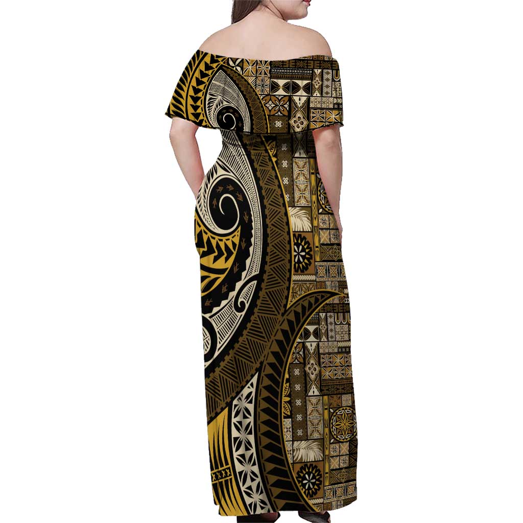 Vintage Samoa Siapo Mamanu Family Matching Off Shoulder Maxi Dress and Hawaiian Shirt Gold Samoan Tapa Motif LT9 - Polynesian Pride