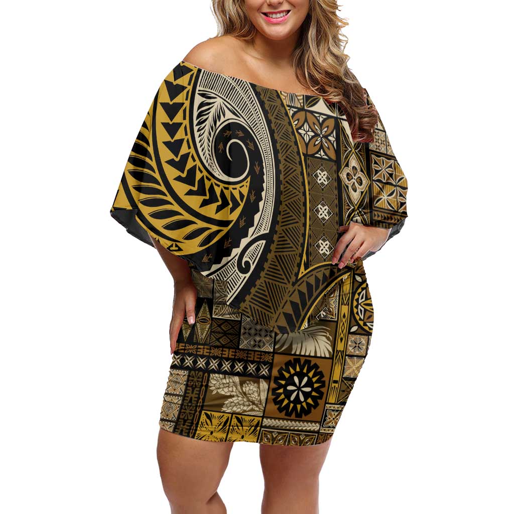 Vintage Samoa Siapo Mamanu Family Matching Off Shoulder Short Dress and Hawaiian Shirt Gold Samoan Tapa Motif LT9 Mom's Dress Gold - Polynesian Pride