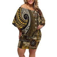 Vintage Samoa Siapo Mamanu Family Matching Off Shoulder Short Dress and Hawaiian Shirt Gold Samoan Tapa Motif LT9 Mom's Dress Gold - Polynesian Pride