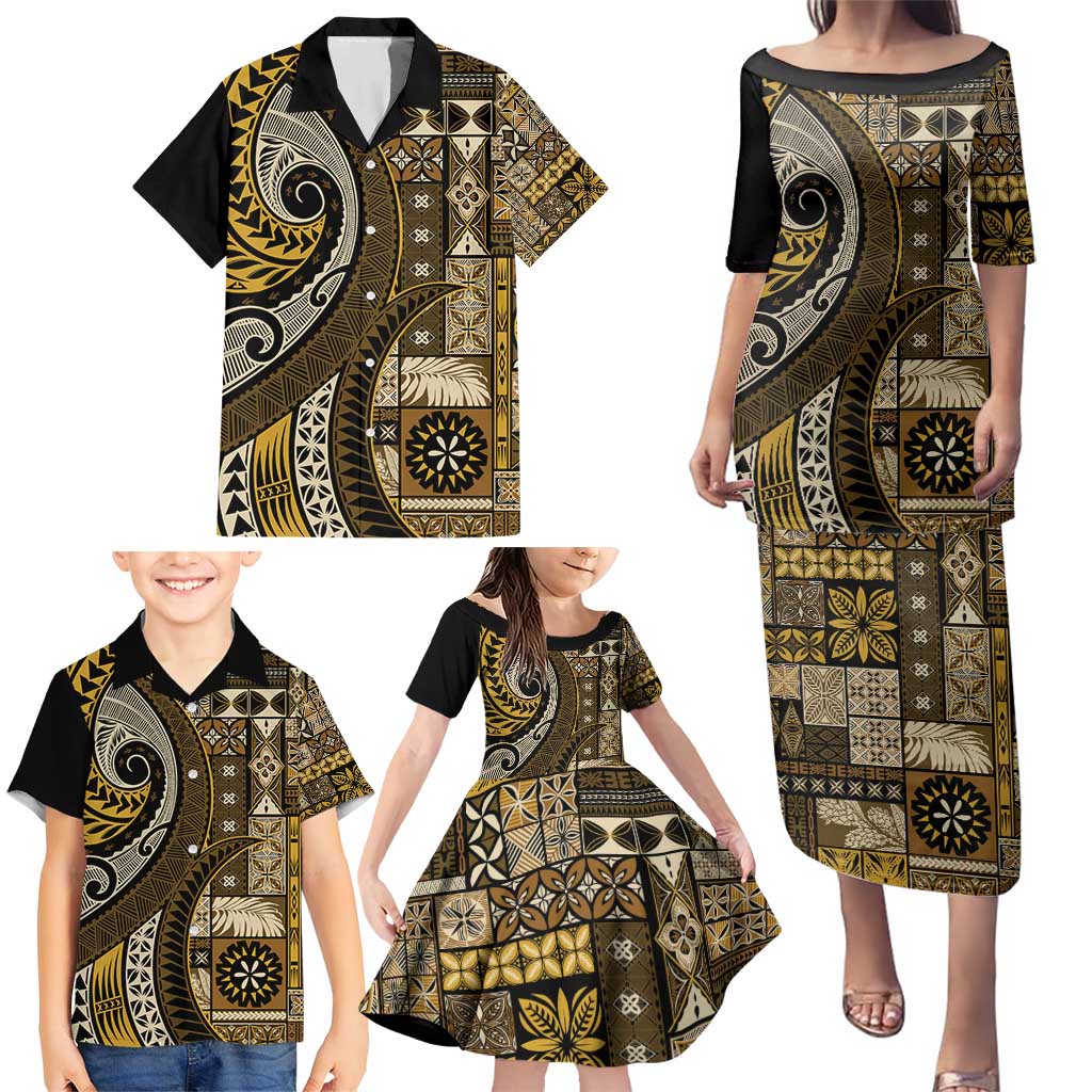 Vintage Samoa Siapo Mamanu Family Matching Puletasi and Hawaiian Shirt Gold Samoan Tapa Motif LT9 - Polynesian Pride