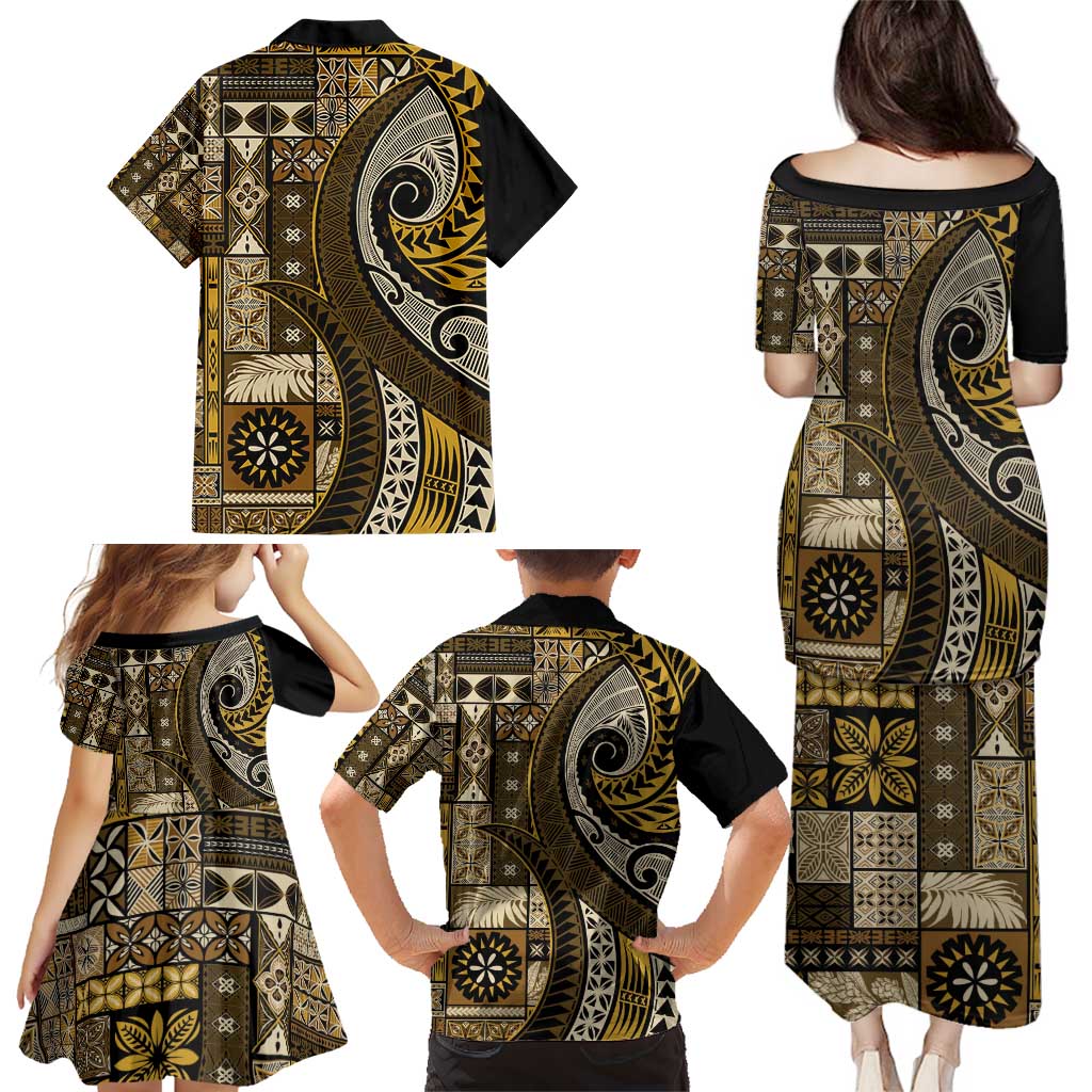Vintage Samoa Siapo Mamanu Family Matching Puletasi and Hawaiian Shirt Gold Samoan Tapa Motif LT9 - Polynesian Pride