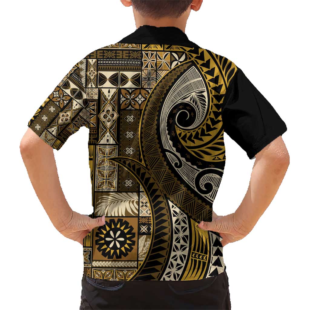 Vintage Samoa Siapo Mamanu Family Matching Short Sleeve Bodycon Dress and Hawaiian Shirt Gold Samoan Tapa Motif LT9 - Polynesian Pride