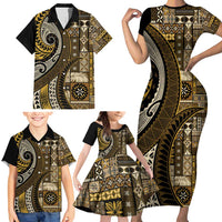 Vintage Samoa Siapo Mamanu Family Matching Short Sleeve Bodycon Dress and Hawaiian Shirt Gold Samoan Tapa Motif LT9 - Polynesian Pride