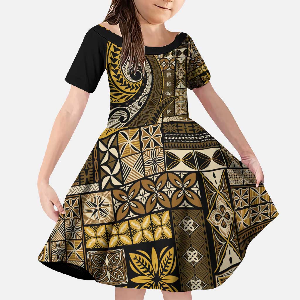 Vintage Samoa Siapo Mamanu Family Matching Summer Maxi Dress and Hawaiian Shirt Gold Samoan Tapa Motif LT9 Daughter's Dress Gold - Polynesian Pride