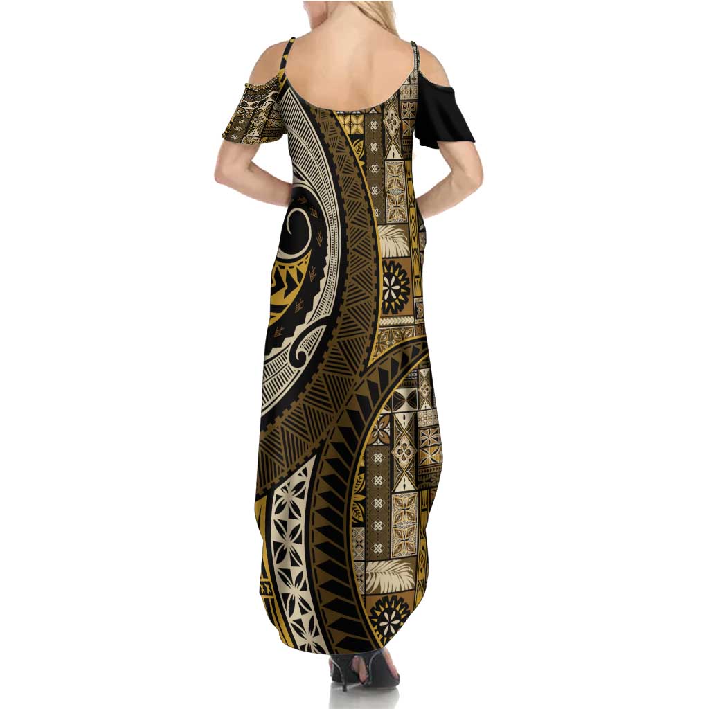 Vintage Samoa Siapo Mamanu Family Matching Summer Maxi Dress and Hawaiian Shirt Gold Samoan Tapa Motif LT9 - Polynesian Pride