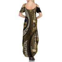 Vintage Samoa Siapo Mamanu Family Matching Summer Maxi Dress and Hawaiian Shirt Gold Samoan Tapa Motif LT9 - Polynesian Pride