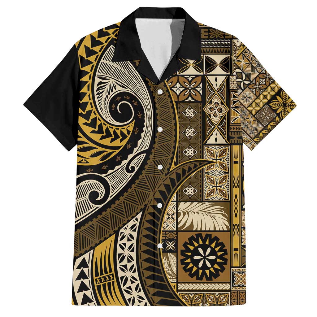 Vintage Samoa Siapo Mamanu Family Matching Tank Maxi Dress and Hawaiian Shirt Gold Samoan Tapa Motif LT9 Dad's Shirt - Short Sleeve Gold - Polynesian Pride