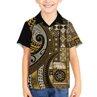 Vintage Samoa Siapo Mamanu Family Matching Tank Maxi Dress and Hawaiian Shirt Gold Samoan Tapa Motif LT9 Son's Shirt Gold - Polynesian Pride