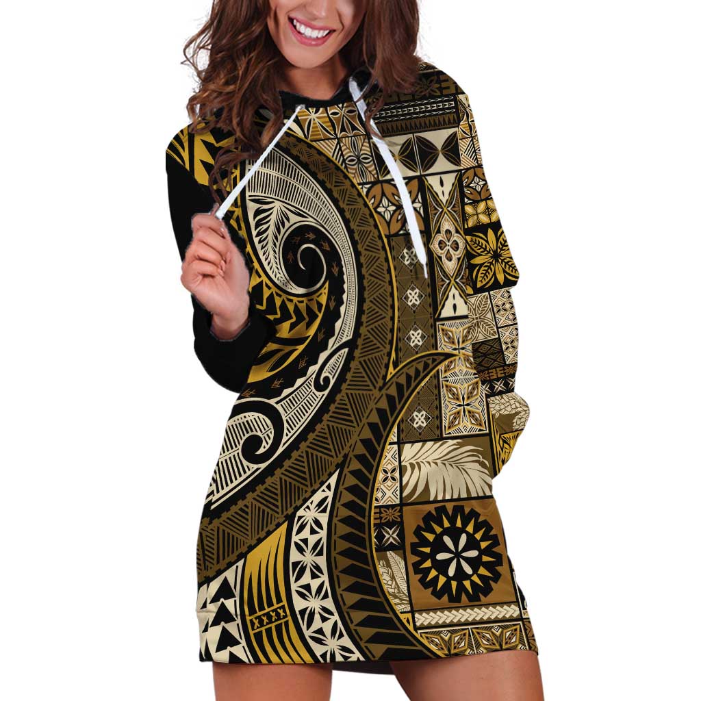 Vintage Samoa Siapo Mamanu Hoodie Dress Gold Samoan Tapa Motif LT9 Gold - Polynesian Pride