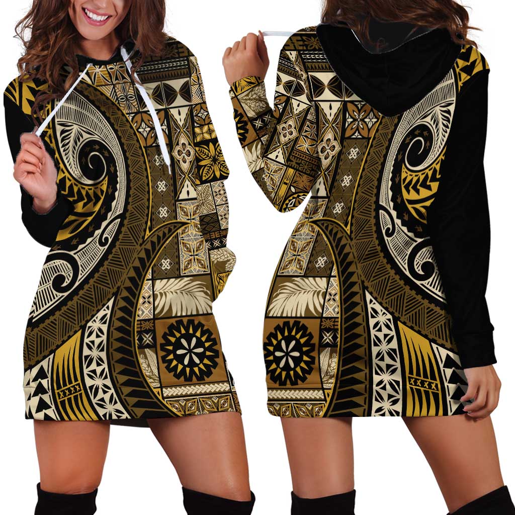 Vintage Samoa Siapo Mamanu Hoodie Dress Gold Samoan Tapa Motif LT9 - Polynesian Pride
