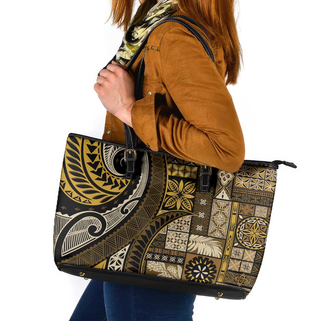 Vintage Samoa Siapo Mamanu Leather Tote Bag Gold Samoan Tapa Motif - Polynesian Pride