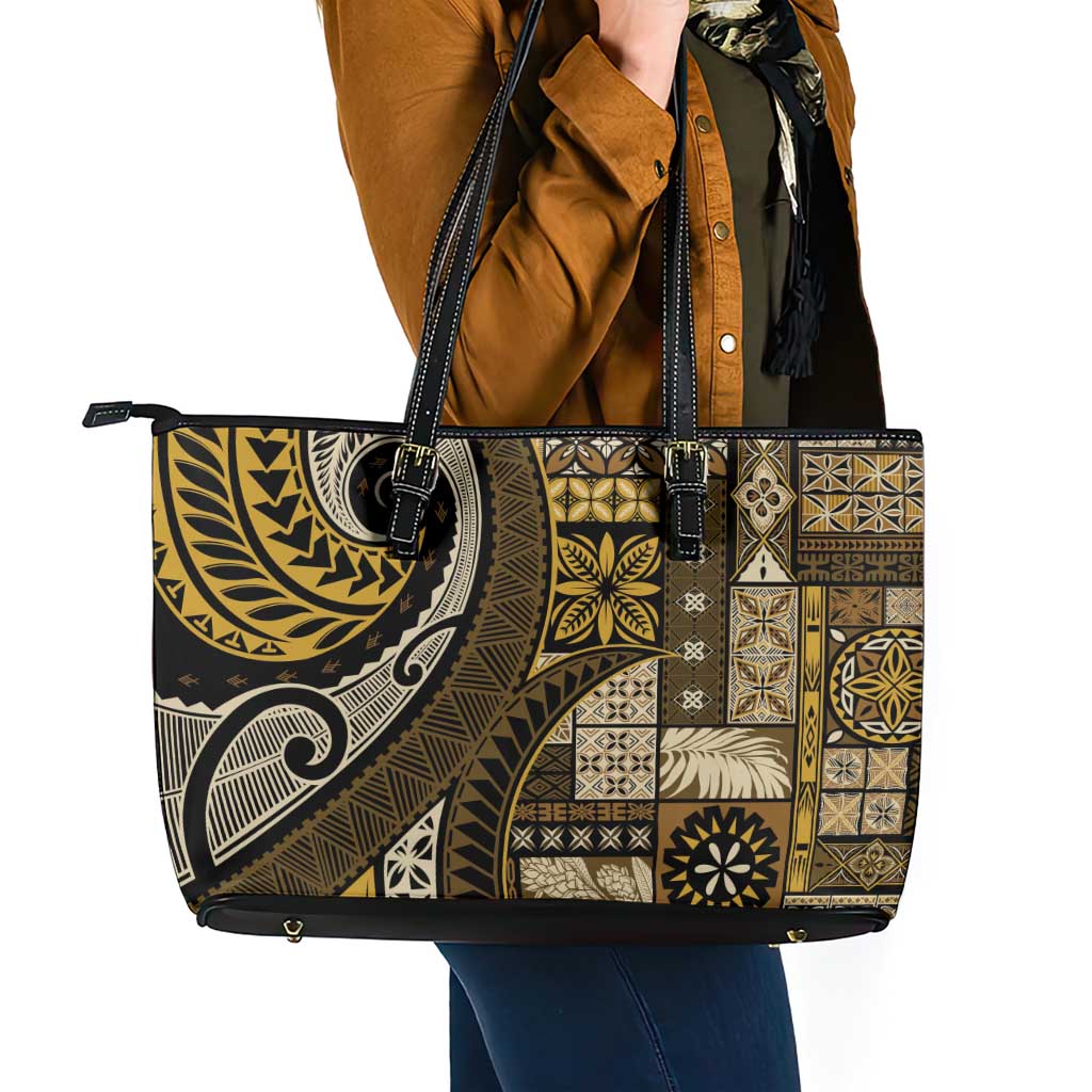 Vintage Samoa Siapo Mamanu Leather Tote Bag Gold Samoan Tapa Motif - Polynesian Pride