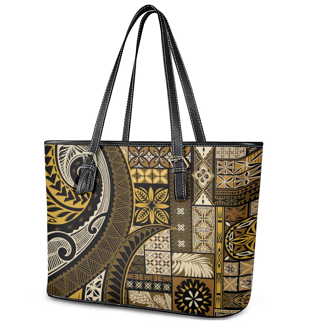 Vintage Samoa Siapo Mamanu Leather Tote Bag Gold Samoan Tapa Motif - Polynesian Pride