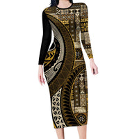 Vintage Samoa Siapo Mamanu Long Sleeve Bodycon Dress Gold Samoan Tapa Motif LT9 Long Dress Gold - Polynesian Pride