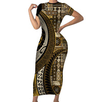 Vintage Samoa Siapo Mamanu Short Sleeve Bodycon Dress Gold Samoan Tapa Motif LT9 Long Dress Gold - Polynesian Pride