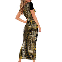 Vintage Samoa Siapo Mamanu Short Sleeve Bodycon Dress Gold Samoan Tapa Motif LT9 - Polynesian Pride