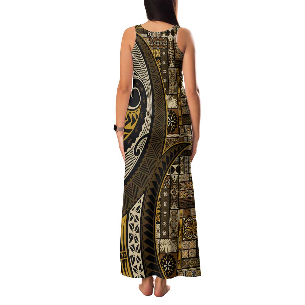 Vintage Samoa Siapo Mamanu Tank Maxi Dress Gold Samoan Tapa Motif - Polynesian Pride