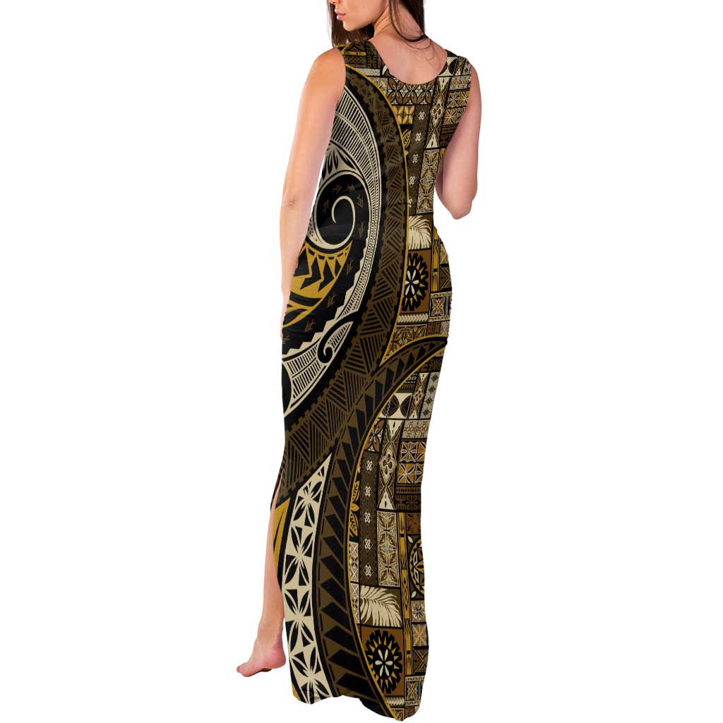 Vintage Samoa Siapo Mamanu Tank Maxi Dress Gold Samoan Tapa Motif - Polynesian Pride