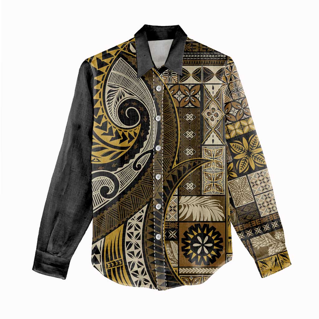 Vintage Samoa Siapo Mamanu Women Casual Shirt Gold Samoan Tapa Motif LT9 - Polynesian Pride