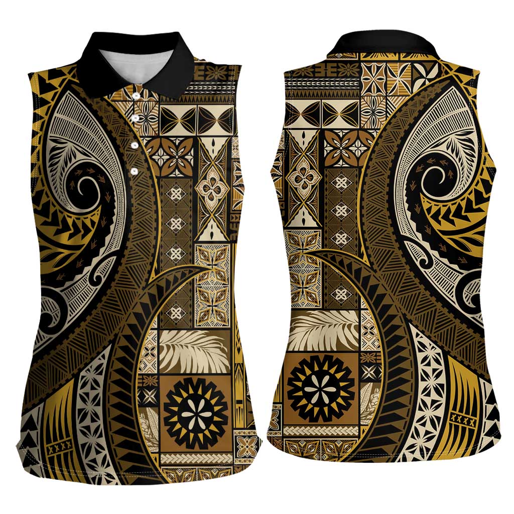 Vintage Samoa Siapo Mamanu Women Sleeveless Polo Shirt Gold Samoan Tapa Motif LT9 - Polynesian Pride
