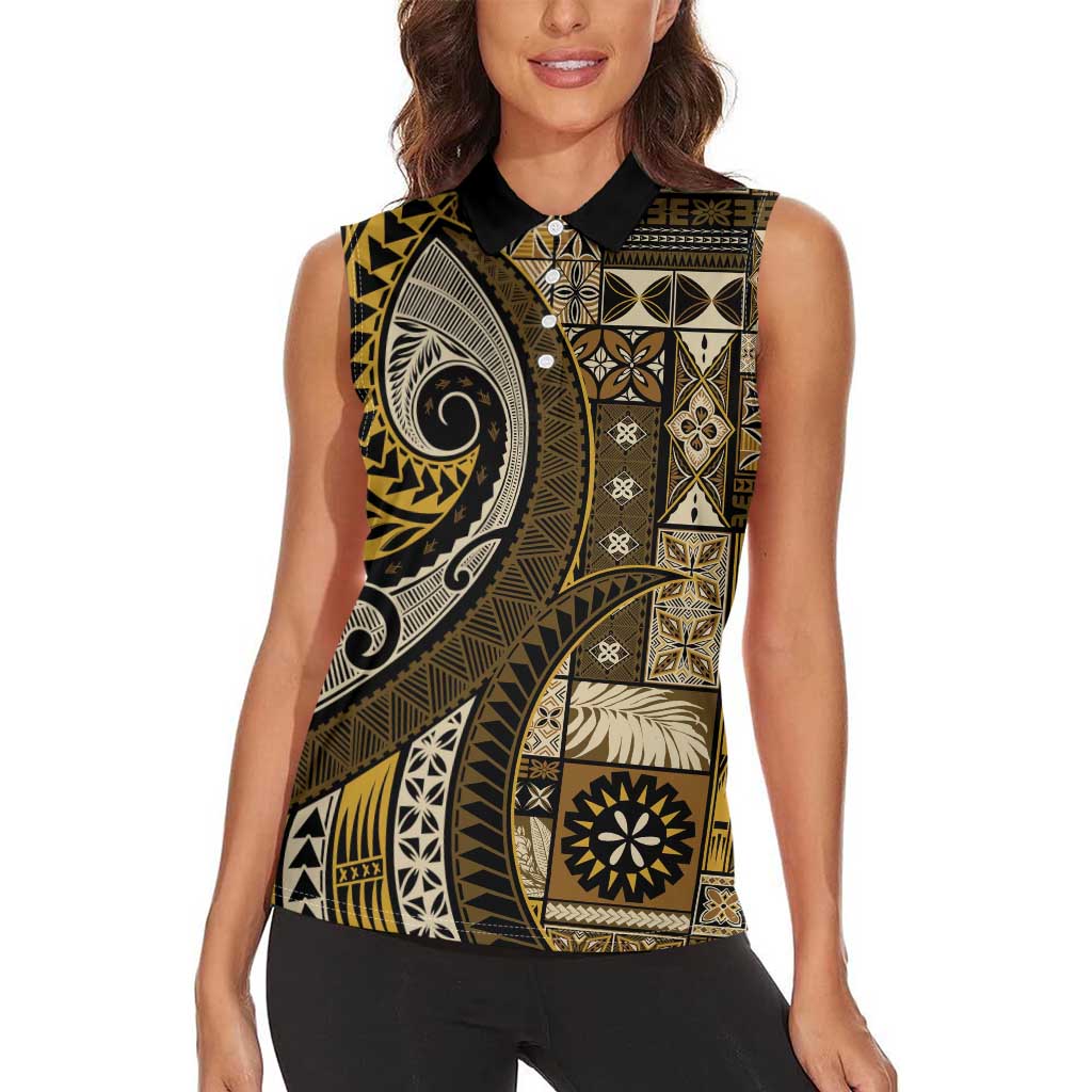 Vintage Samoa Siapo Mamanu Women Sleeveless Polo Shirt Gold Samoan Tapa Motif LT9 - Polynesian Pride