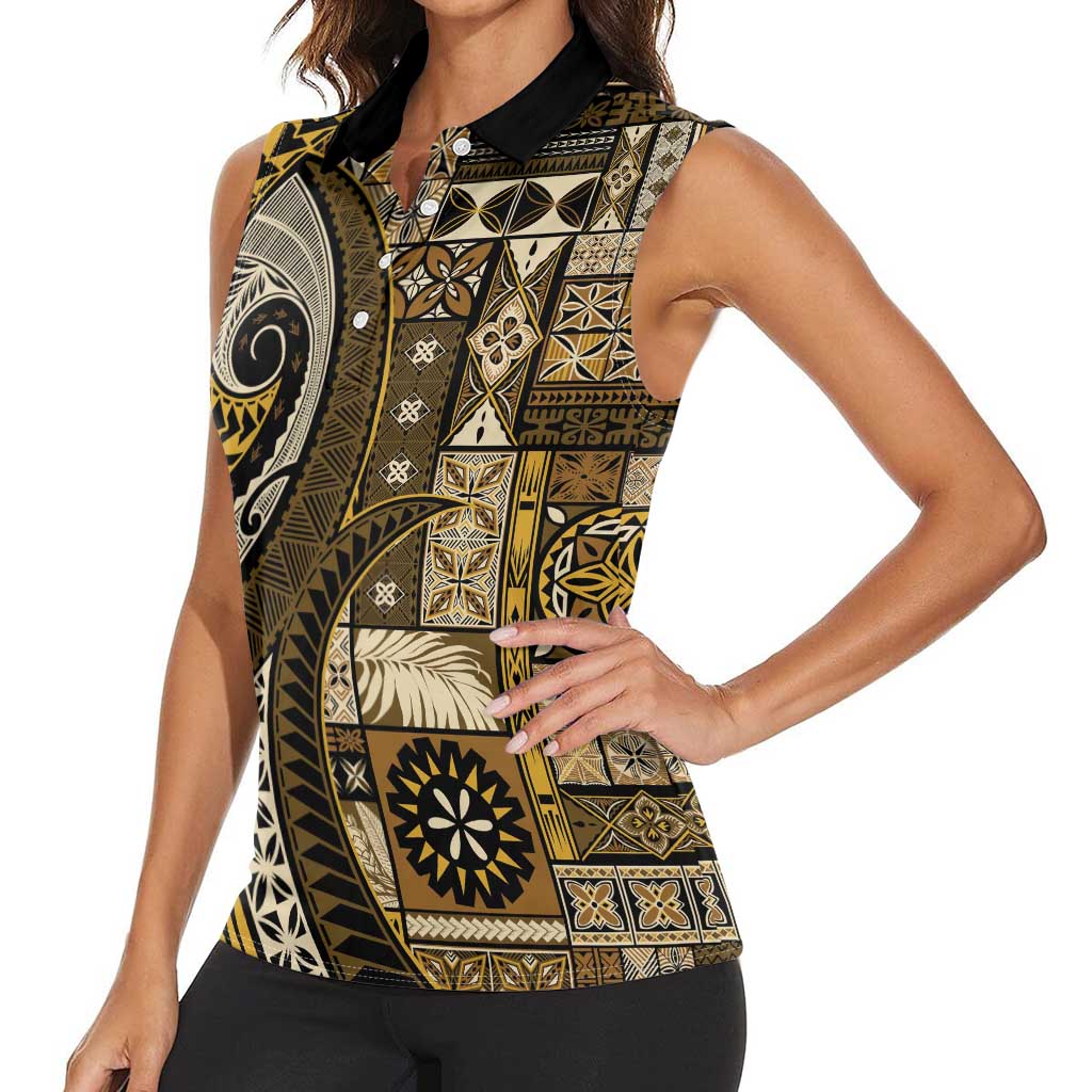 Vintage Samoa Siapo Mamanu Women Sleeveless Polo Shirt Gold Samoan Tapa Motif LT9 - Polynesian Pride