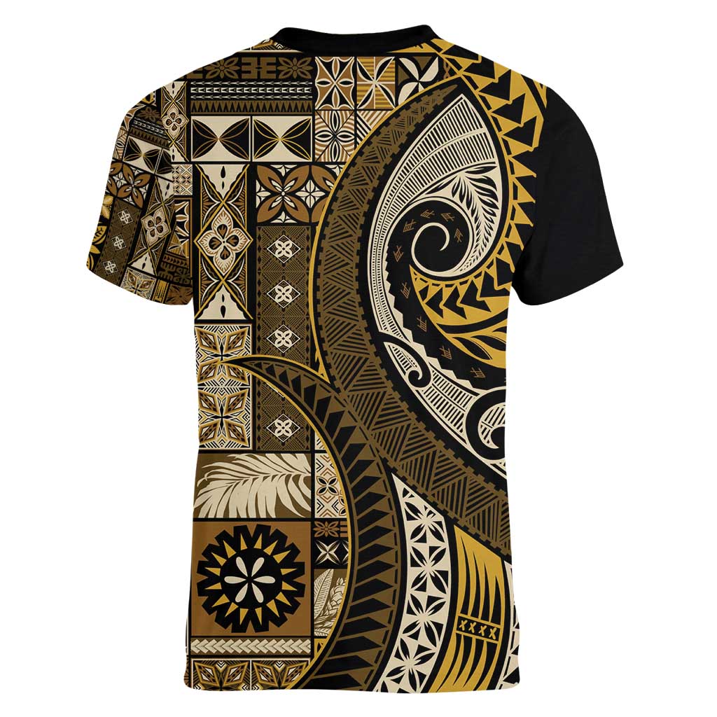 Vintage Samoa Siapo Mamanu Women V-Neck T-Shirt Gold Samoan Tapa Motif LT9 - Polynesian Pride