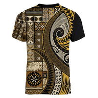 Vintage Samoa Siapo Mamanu Women V-Neck T-Shirt Gold Samoan Tapa Motif LT9 - Polynesian Pride