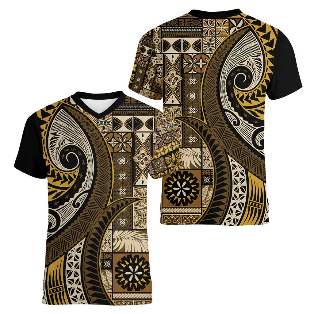 Vintage Samoa Siapo Mamanu Women V-Neck T-Shirt Gold Samoan Tapa Motif LT9 - Polynesian Pride