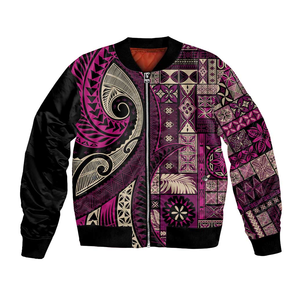 Vintage Samoa Siapo Mamanu Bomber Jacket Pink Samoan Tapa Motif - Polynesian Pride